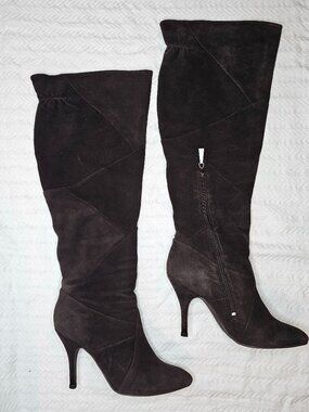Chocolate Brown Knee High Paneled Suede Boots 3.75” Stiletto Heel Pointed Toe 8